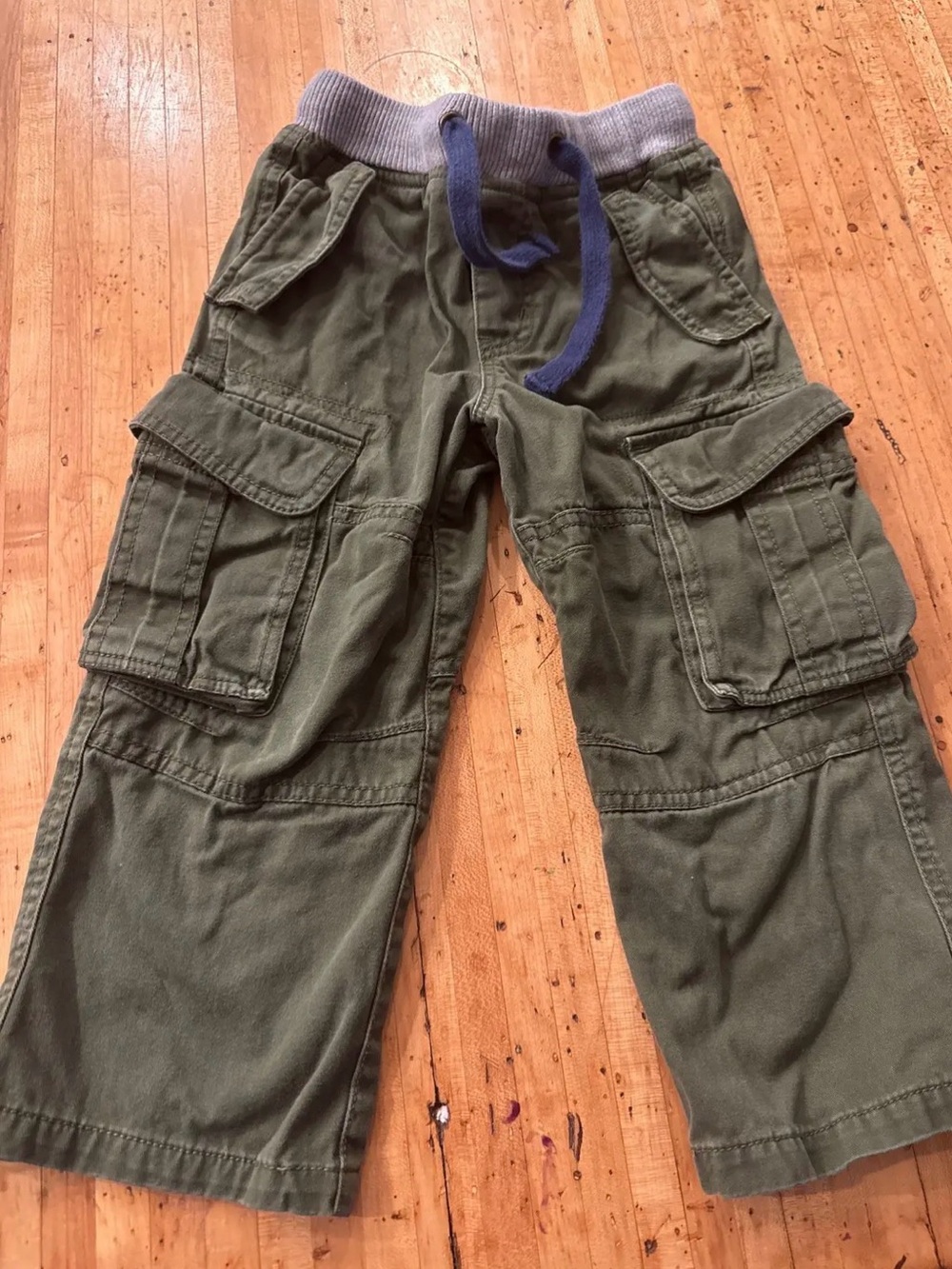 Mini Boden Olive Green Cargo Joggers with Navy Drawstring